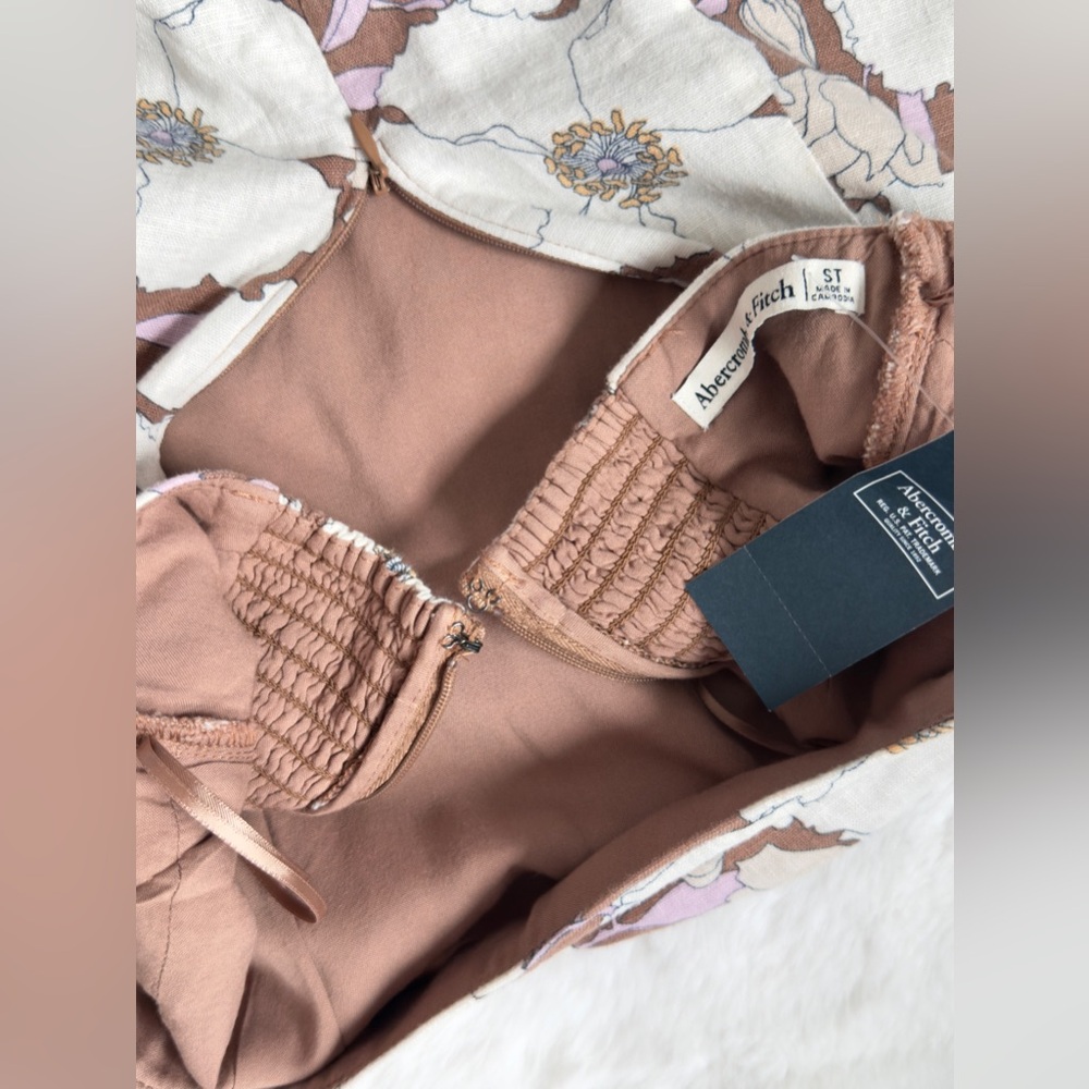 NWT A&F light brown floral print Halter Linen-Blend Mini Dress - Picture 9 of 12